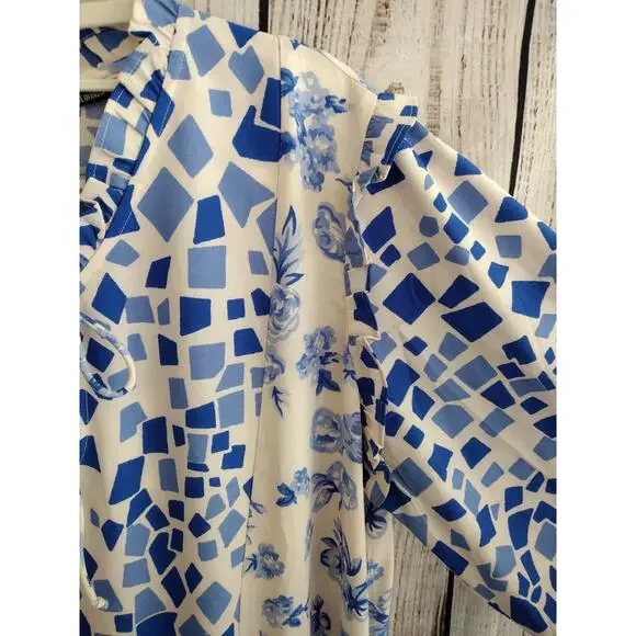 Tolani Collection Blue & White Geometric-Print Ruffle Trim Flowy Babydoll Dress - Picture 4 of 13